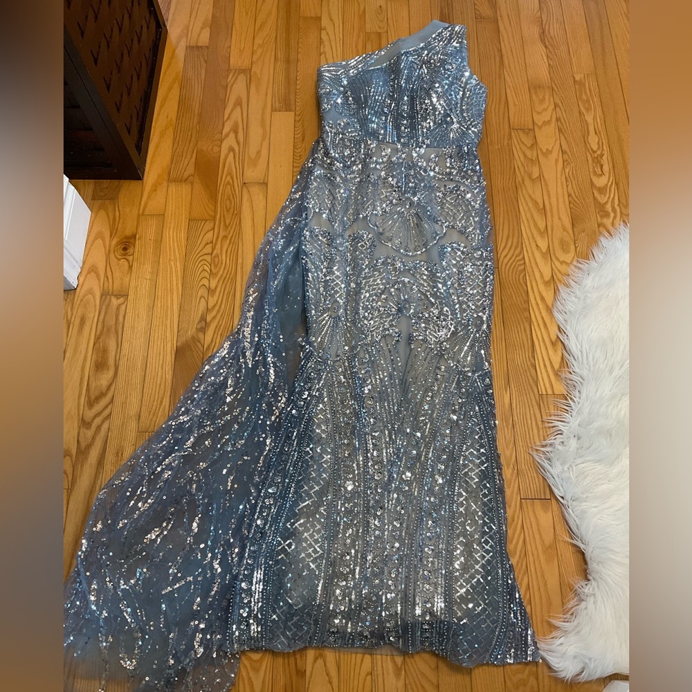 Elegant Silver Blue Sequin Gown